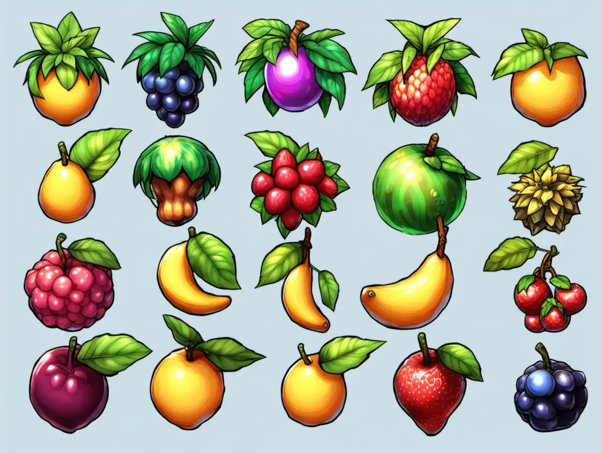 secret of mana style, 8 different elemental fantasy fruits, no background