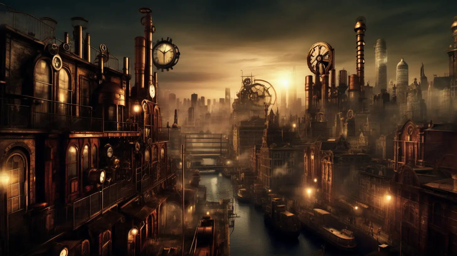 A Steampunk cityscape at twilight. Dramatic lighting, photographic quality.