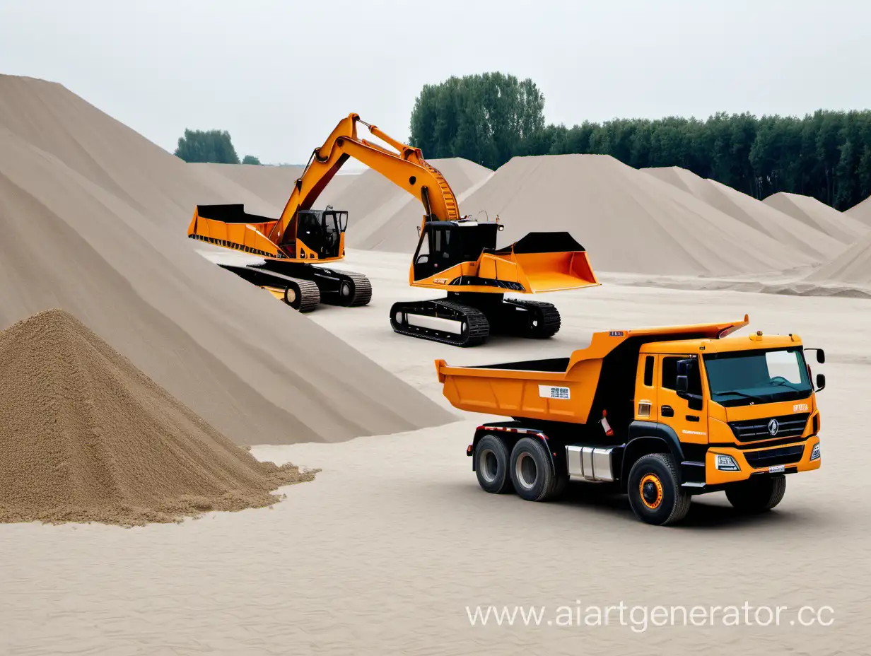 Excavator-and-Dump-Truck-Working-on-Massive-Sand-Piles