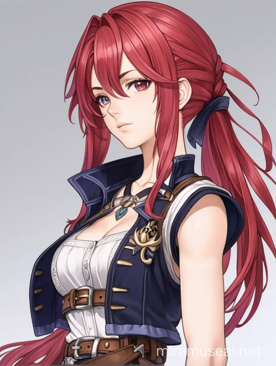 jrpg, adult woman, crimson hair, confident, tomboy, sexy, fantasy, pirate, sleeveless, another eden, waist up fully in view, portrait, no background, facing slightly to the side, staring at the camera