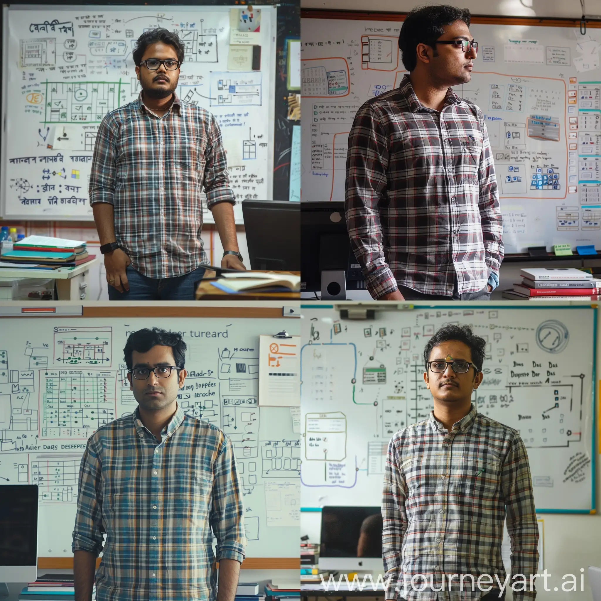 A monotonous scene of an Indian YouTube teacher standing in front of a whiteboard, explaining data structures. The teacher is wearing a plaid shirt, glasses, and has a serious expression. The whiteboard is filled with notes and diagrams of various data structures. The background is a simple classroom setting with books and a computer on a desk. The overall ambiance is dry and academic, with a hint of boredom.