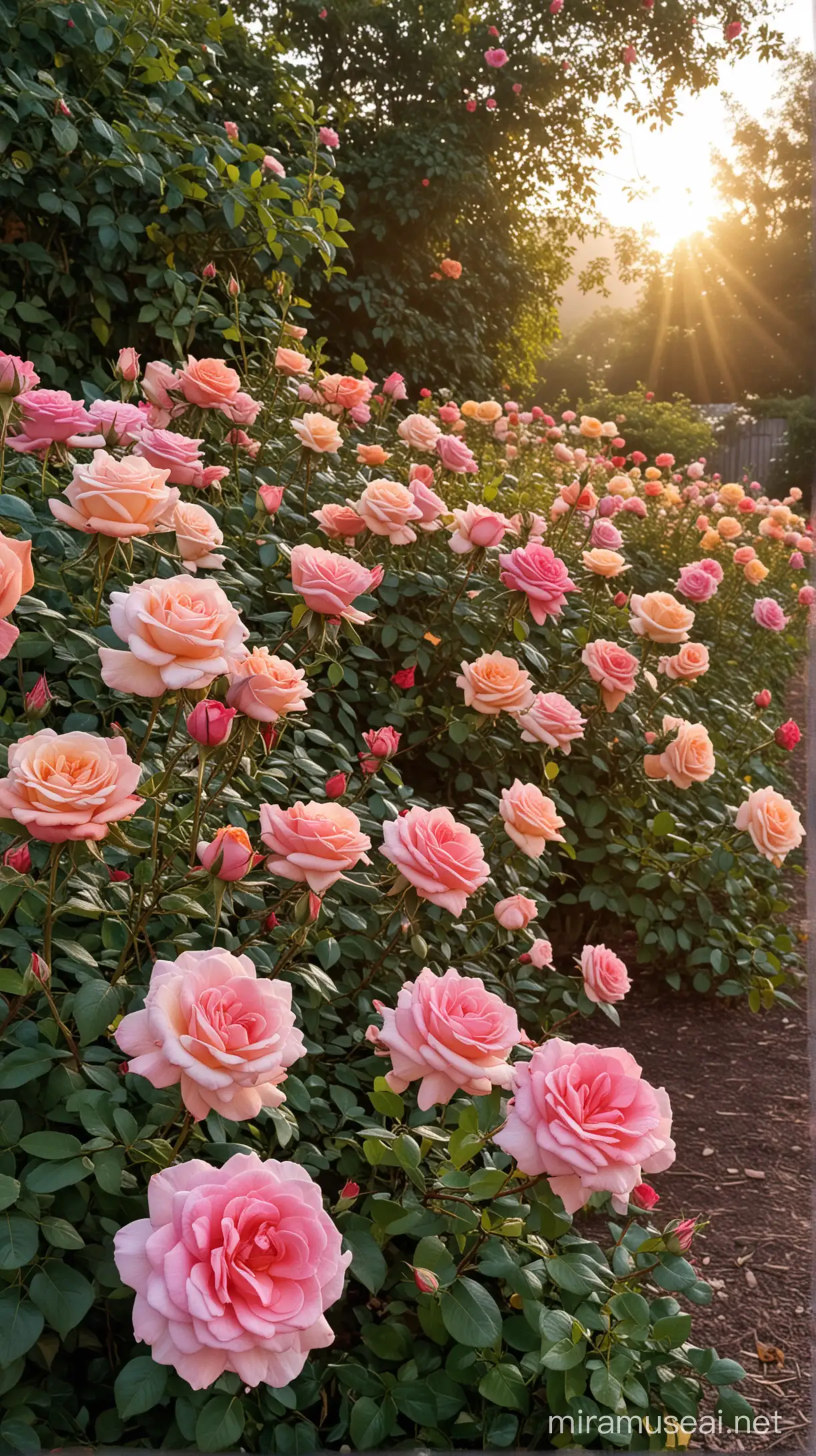 Vibrant Sunrise Over a Lush Rose Garden