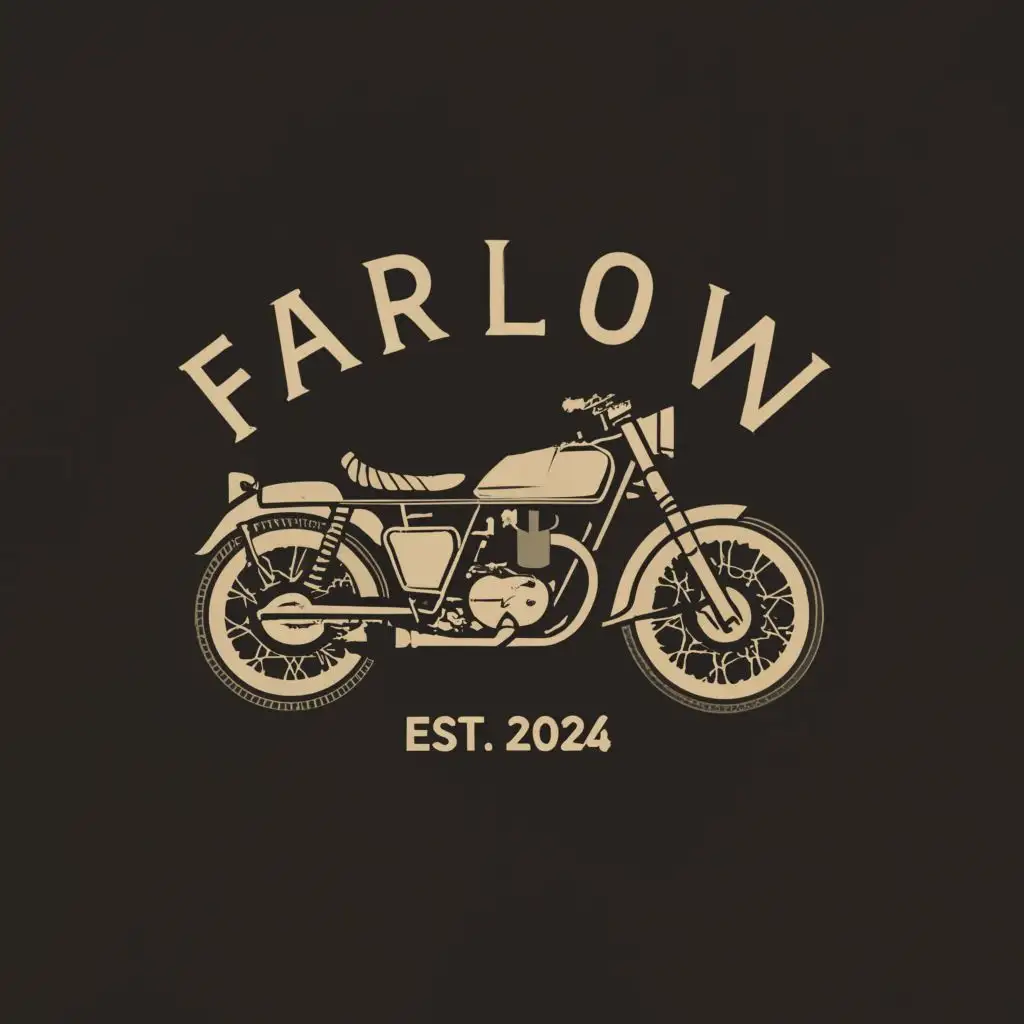 a logo design,with the text "Farlow", main symbol:Text reading "Farlow" with Slogan "Est. 2024" in front of old school Motorcycle,Moderate,clear background