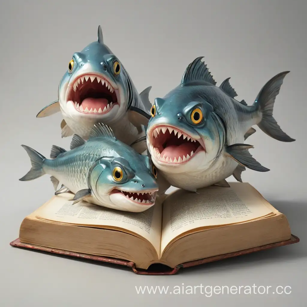 книга с зубами, вокруг книги три голодные рыбы