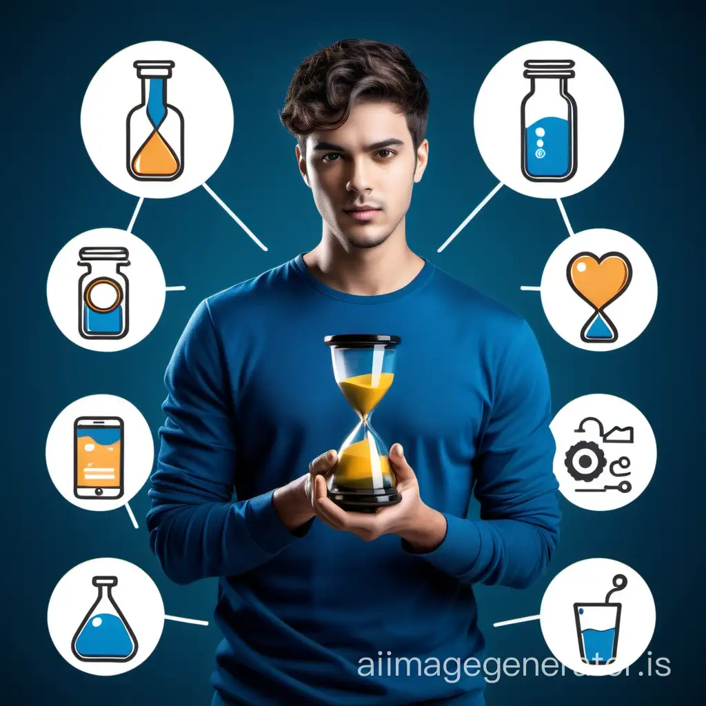An image showing confident male in blue casual clothes, wavy short hair, holding an hour glass, staring at it, in a photo studio surrounded by icons that represent the activity like 'job, gym, instagram, whatsapp, mobile gaming, cooking, sleeping'.