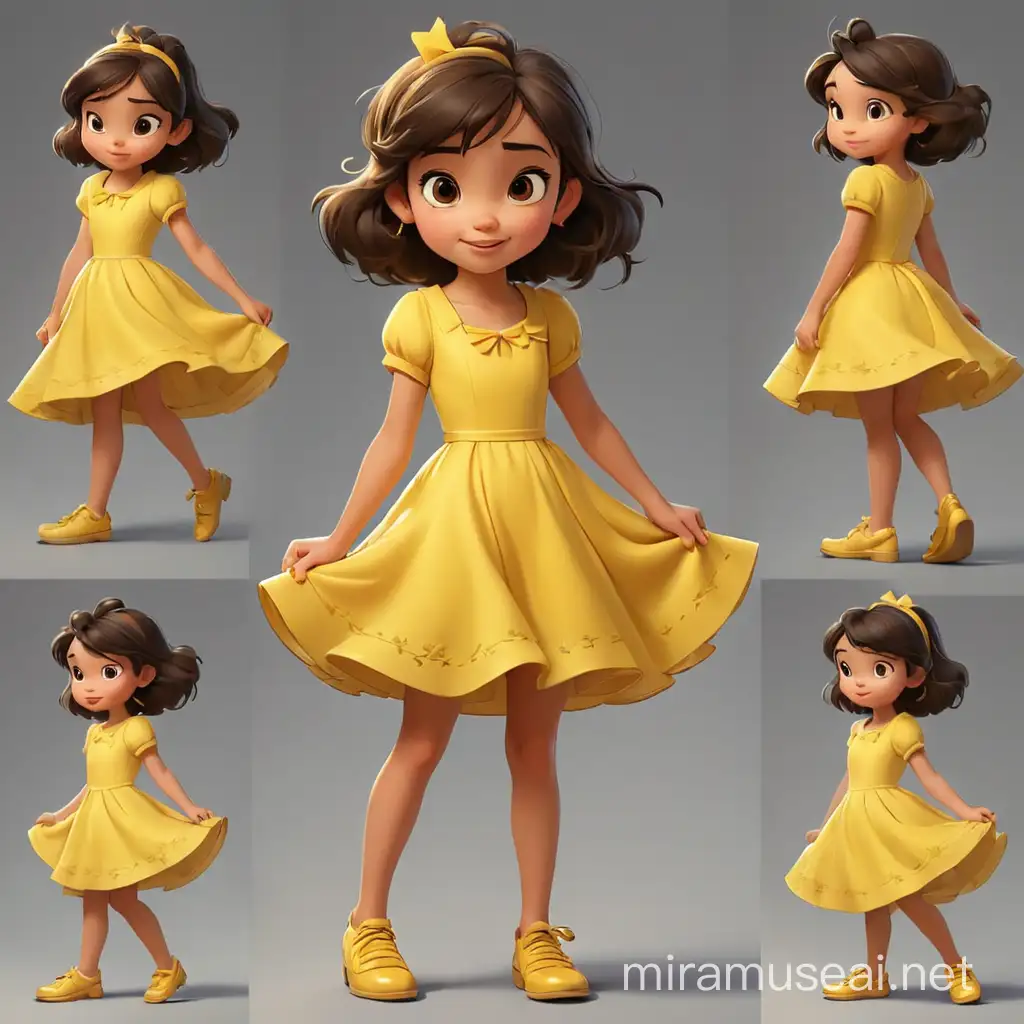 2D cartoon Disney character digital art of little girl, with a yellow dress and shoes, multiple posses. superb linework, classic 2D Disney style art, close-up, inspired by the art styles of Glen Keane and Aaron Blaise, Disney-style character concept with a Disney-style face, (trending on artstation), Disney-style version of little girl, with a yellow dress and shoes, multiple posses