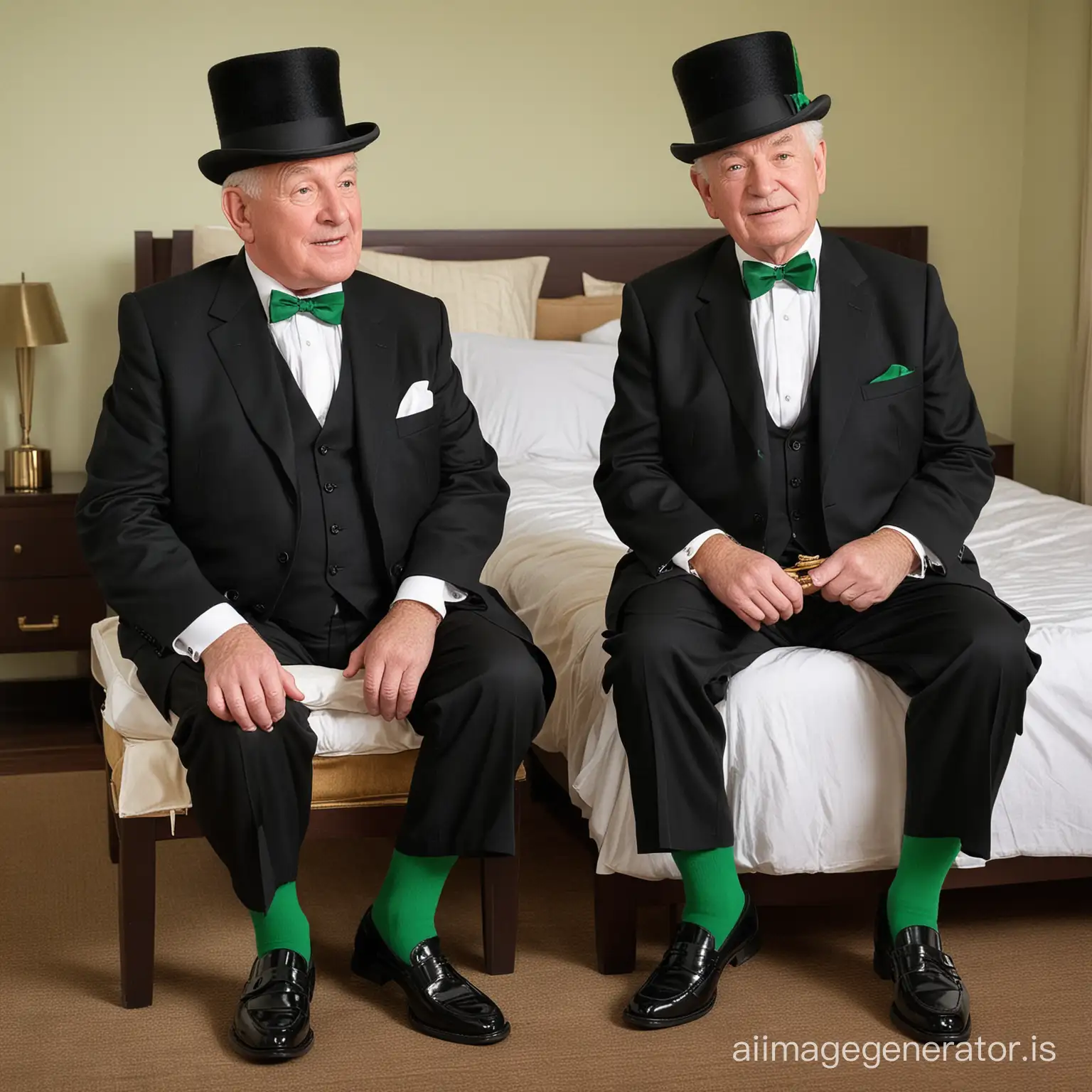 Two white fat elderly men, both 80 years old, shot height, wearing green hats, black tuxedos, green bowties, green socks, black loafers, black hair, jerking off on a chair in the bedroom, full body shot, must show face