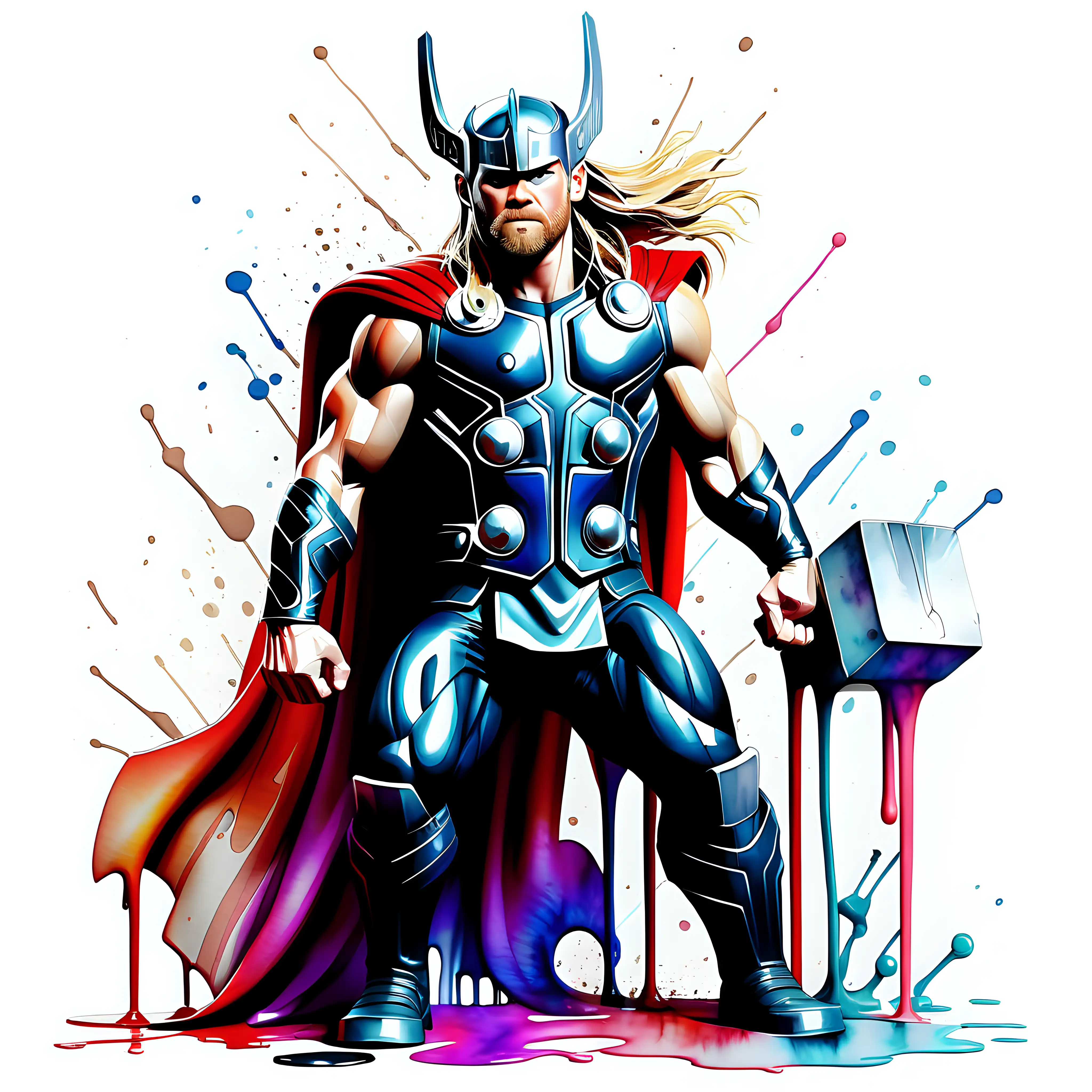 Thor with Watercolor Dripping art with full body with white background