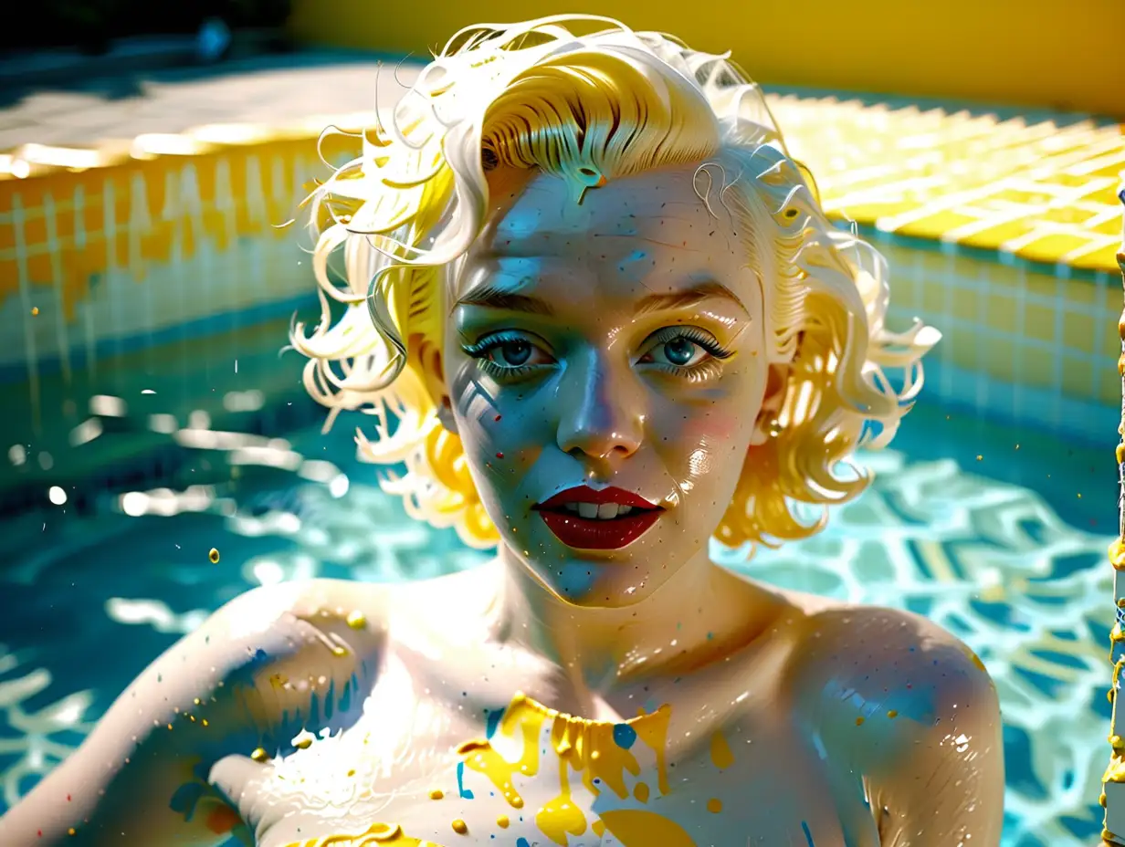 Ethereal Marilyn Monroe Portrait in Yellow Paint Standing in Blue Swimming Pool