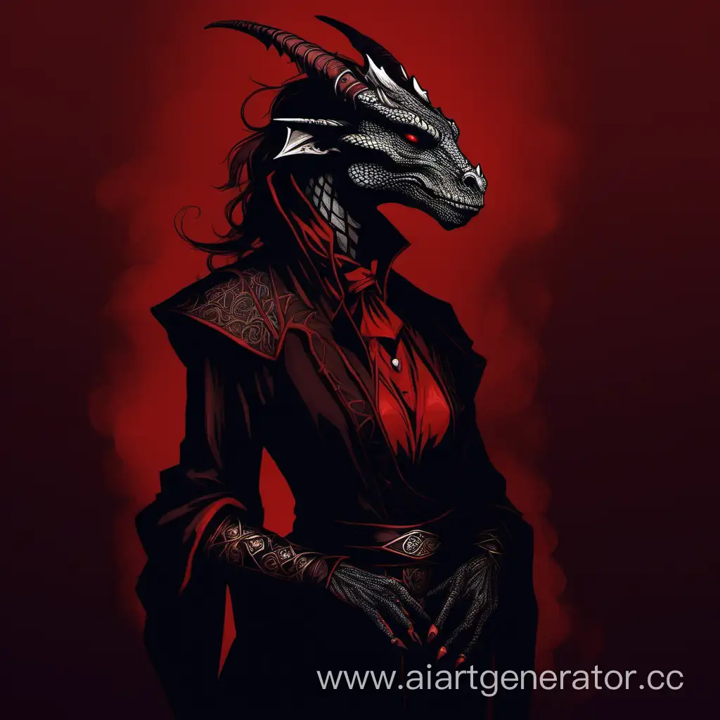 dragonborn, female, black, red background, magician, beautiful, sad, thin dark clothes