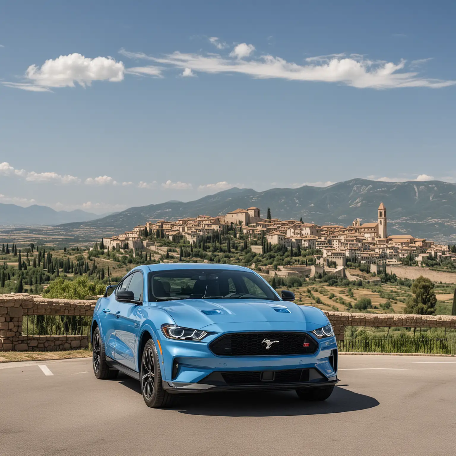 A picture of a car. A ford mustang mach e. The color of the ford mustang mach e is vapor blue. Assisi (umbria) is in the background