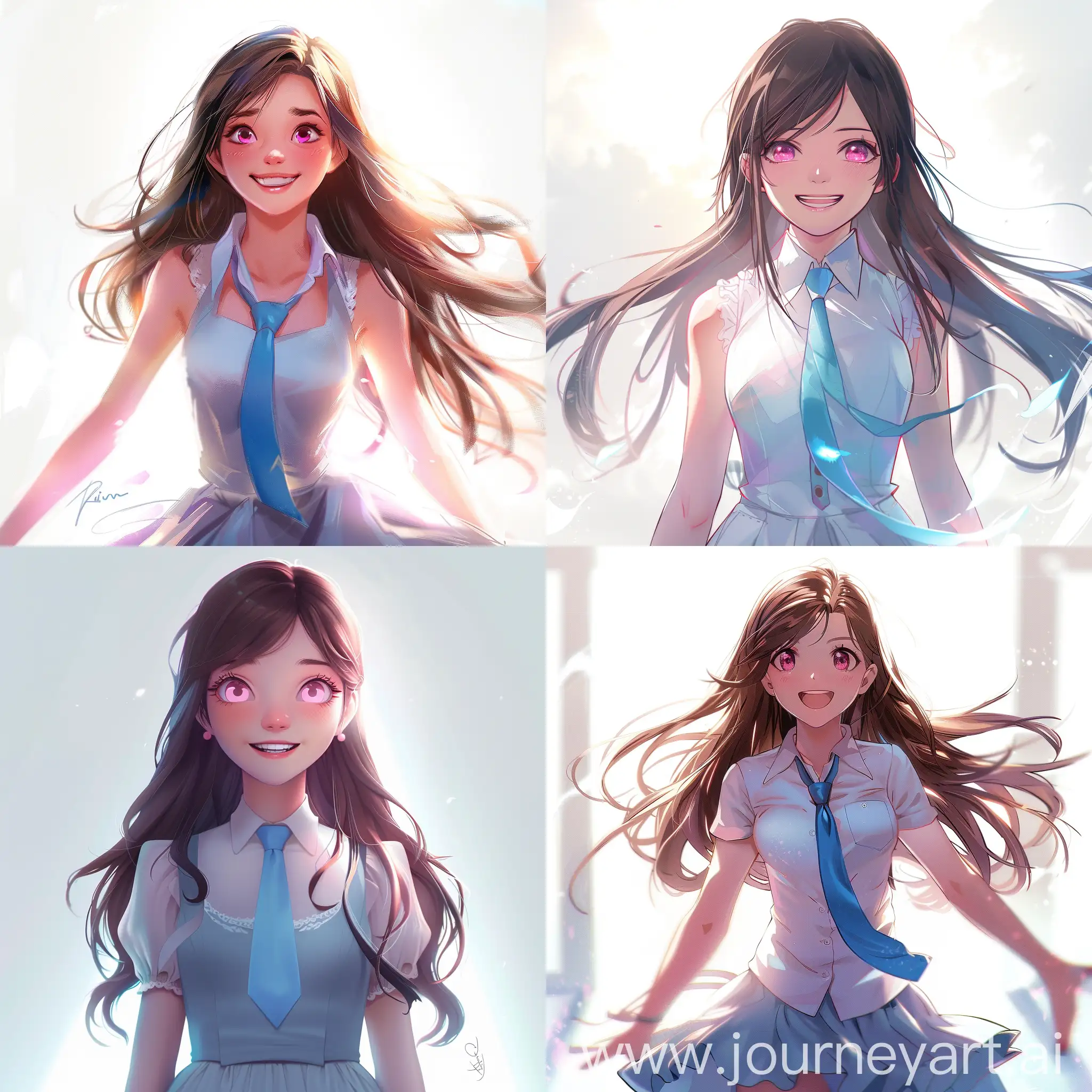 Midjourney Art Example- gumengzhou A girl in a dress and blue tie is smiling. She has long brown hair, pink eyes, a white background, a front profile picture and a front light., Pixar
