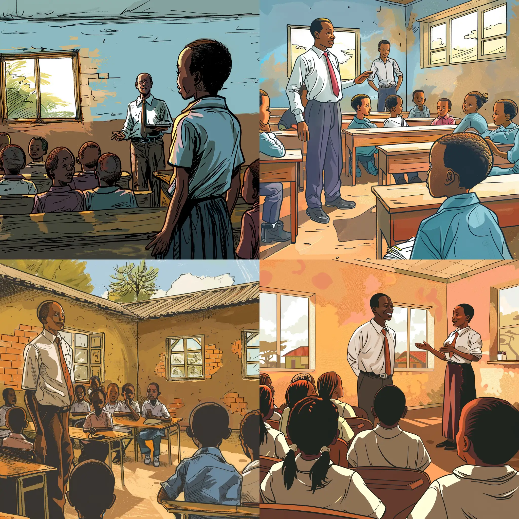 In class, 10 years old, in school, participating in a lively discussion, teacher standing in front of class, setting in Kenya, cartoon.