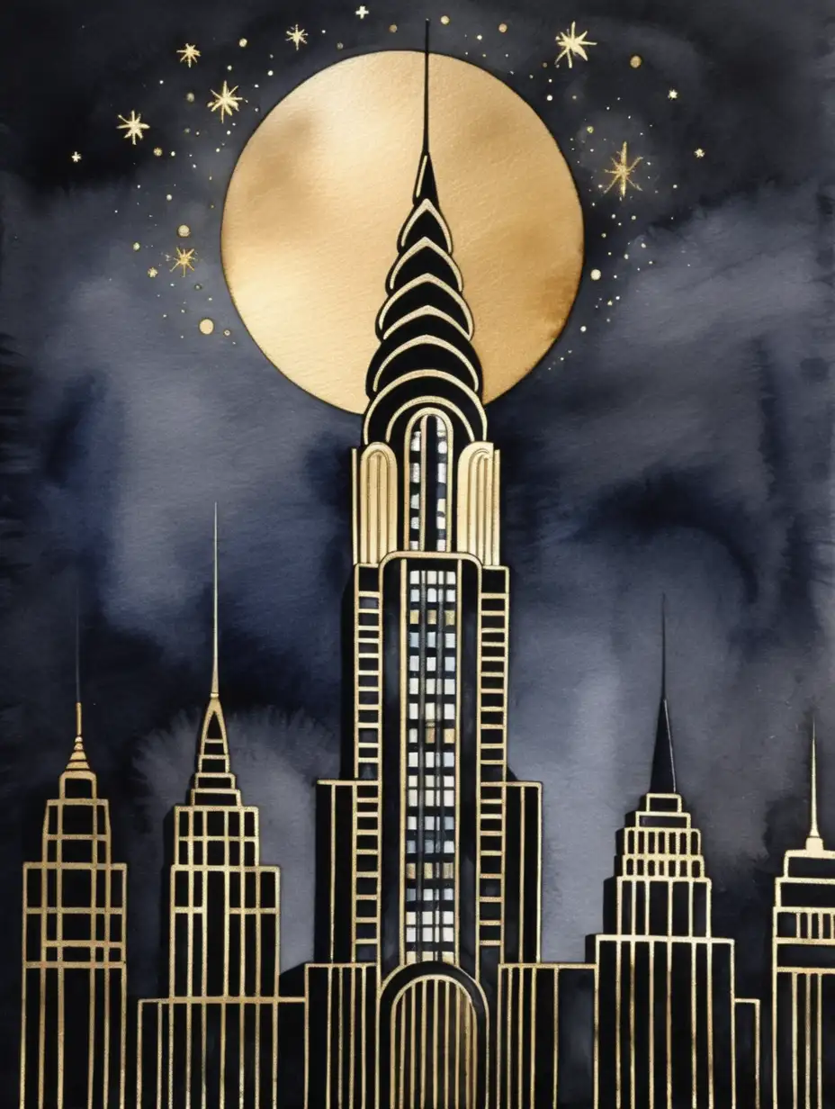 watercolor Art Deco Chrysler  building New York City midnight gold on black