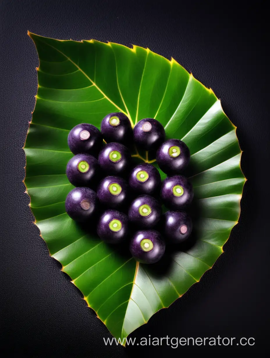 Fresh-Acai-Fruit-with-Vibrant-Green-Leaves-on-Elegant-Black-Background