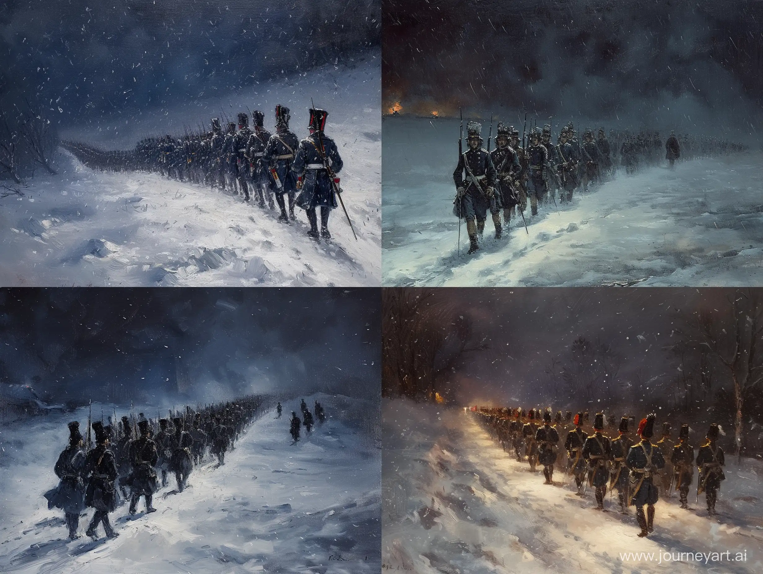 oil painting of a convoy of early 19th century french soldiers marching in the blizzard at night, low visibility