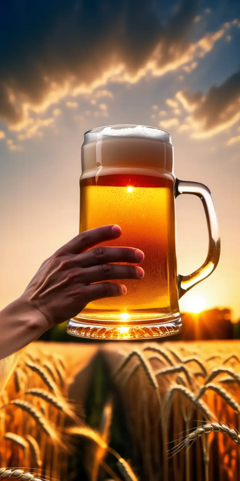 Hand Holding Large Beer Mug in Wheat Field at Sunset with Airplane in Sky