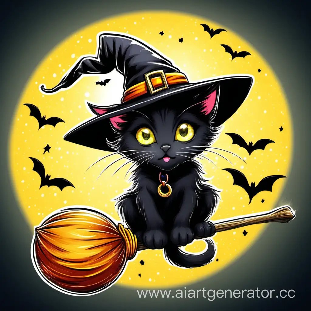 A black kitten in a witch's hat on a broomstick with bright yellow eyes