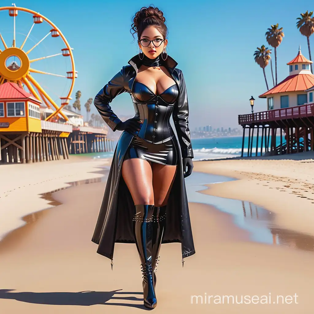 A man named Alex merged into a fusion figure between the dark-skinned woman and Asian, Latin and African features. wearing latex corset, latex miniskirt, long latex gloves, high heel latex boots (open latex jacket with spikes). full body, large round glasses, large hoop earrings, large generous breasts,,, ((working in Los Angeles as an actress, dancer and housewife)).
Her accessories, like the large round glasses that highlighted her expressive eyes and the hoop earrings that dangled gently with each step, added a touch of glamor to her already stunning look.
As she walked along the beach's golden sand, the Santa Monica Pier rose majestically in the background, punctuating the horizon with its iconic structure. The sound of seagulls flying over the waves and the salty smell of the sea completed the scene, creating an atmosphere of serenity and charm,steampunk style