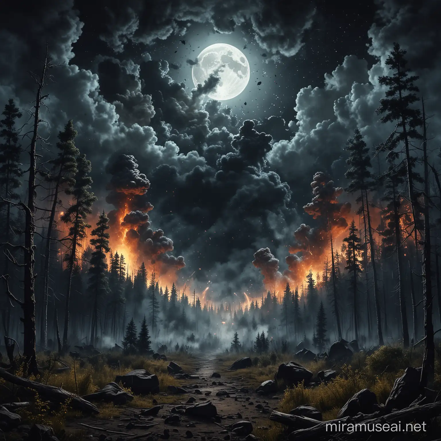 Night, a forest, a big moon behind the forest, an big explosion with smoke. Everything is depicted with a stroke
