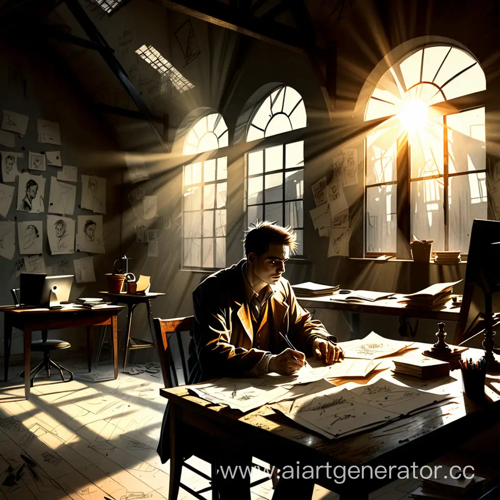 one man at a computer, in a loft-style room,  at the table, a gloomy room, the sun rays from the windows, in the genre of court sketches