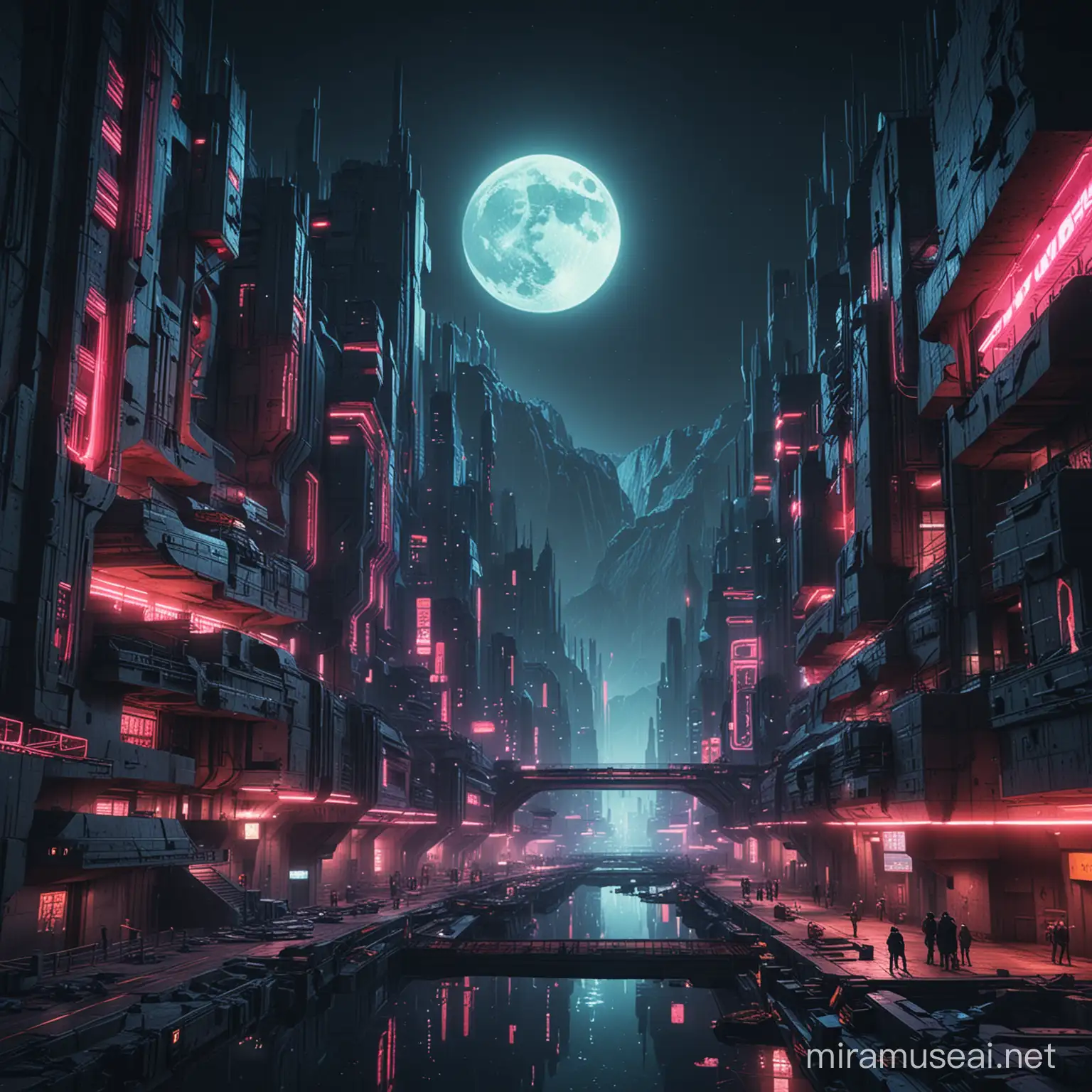 CITY BUILT IN A LARGE CANYON AT NIGHT? MOON LIGHT. The city is a cyberpunk futuristic  brutalist architecture with a lot of concriete and neon lights