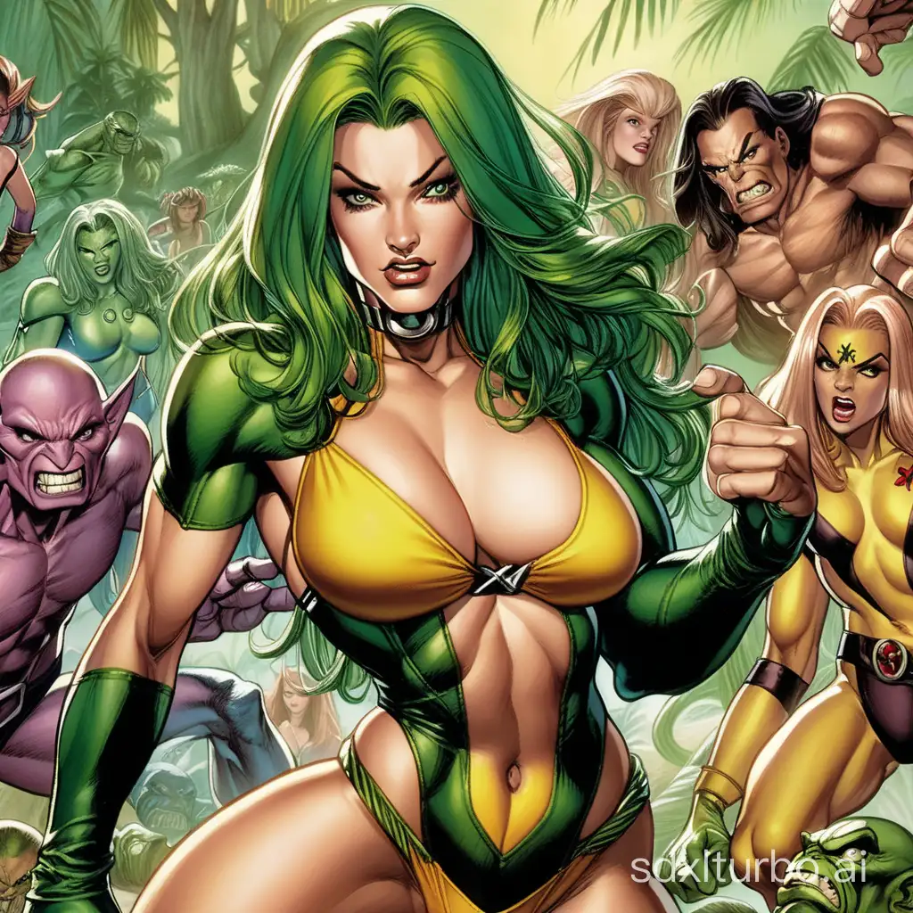 Rogue from the X-men in a sexy pose set in the savage land with goblins around her