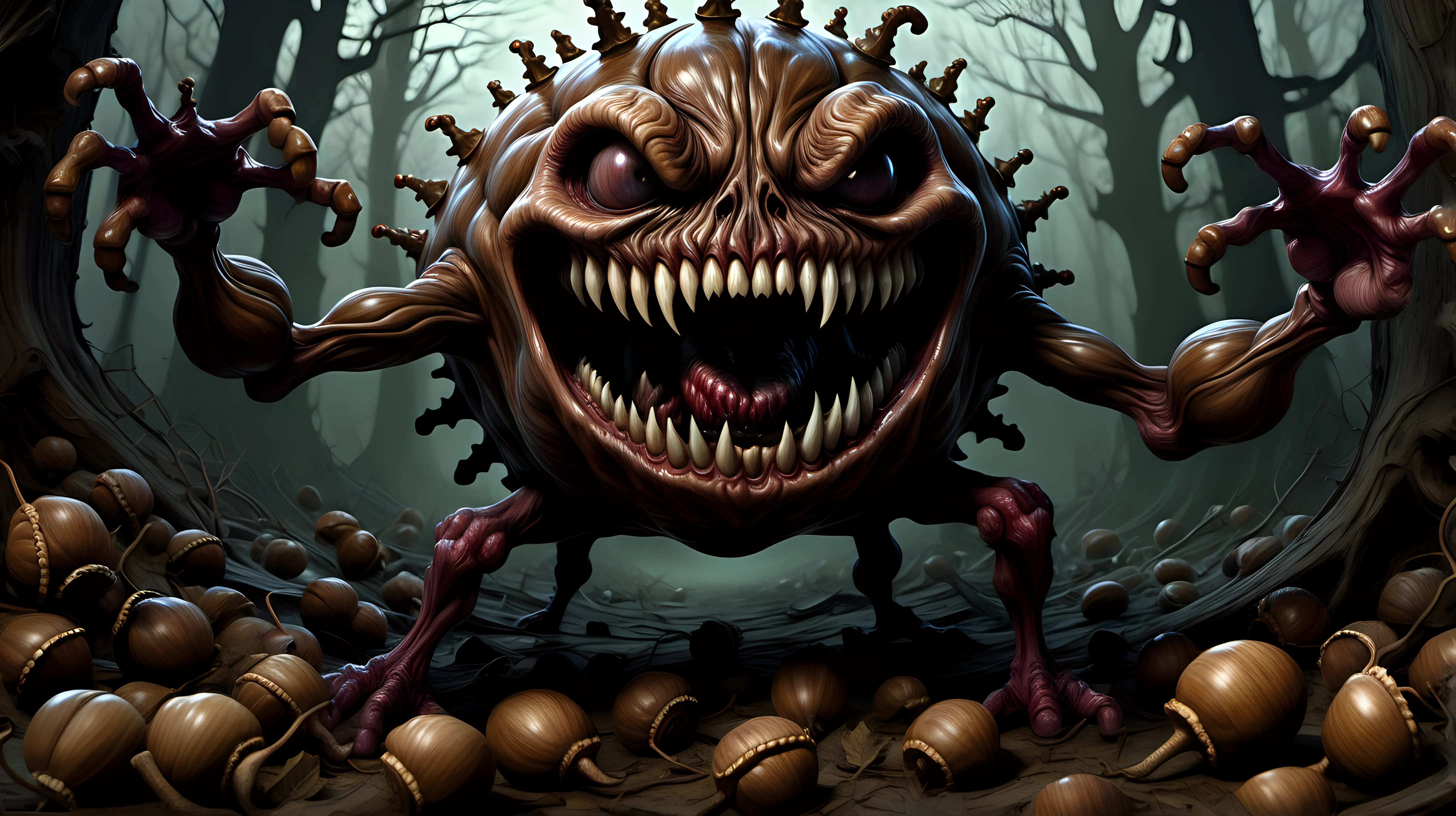 fantasy art, a walnut with arms and legs, gaping huge maw with acorns as teeth, trippy, surreal, gothic horror