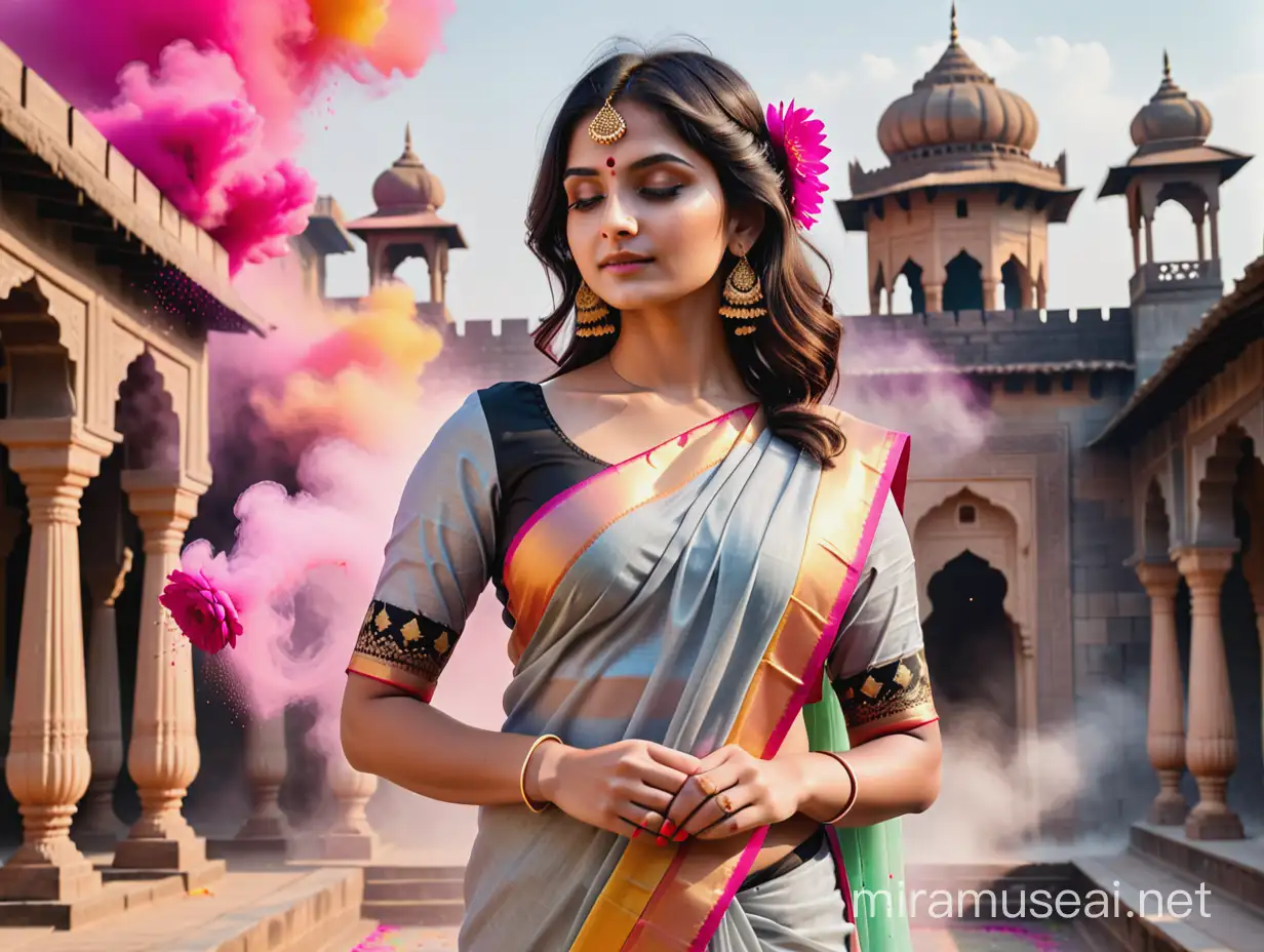 light grey atlas metallic elbow-length sleeve top and saree. head flower. black ancient indian castle with gold ornament. colourful holi powder clouds background in air. festive mood