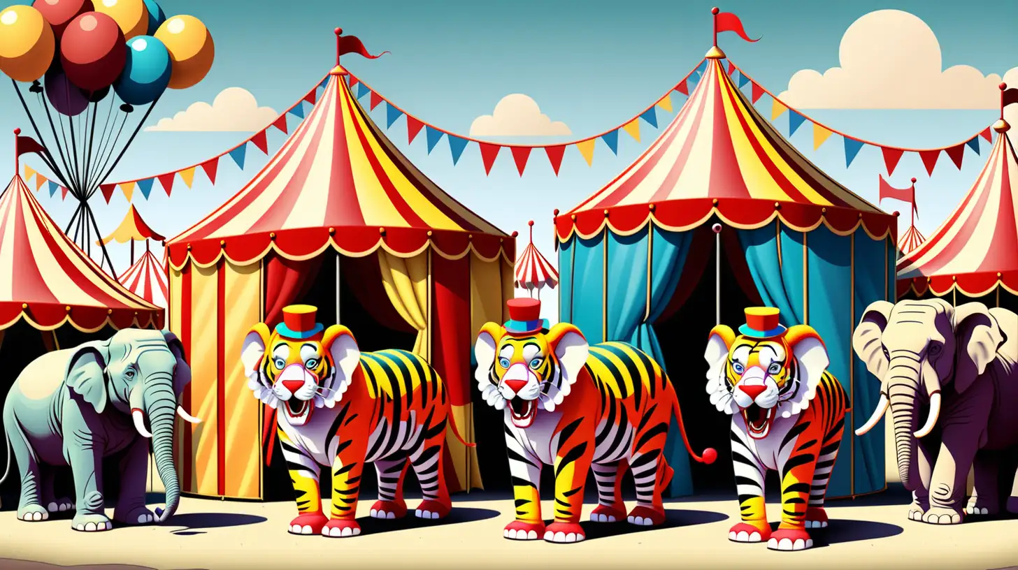 Circo con diferentes carpas de colores y tamanos,payasos alrededor,domador ,jaula de tigre,elefantes ,payaso