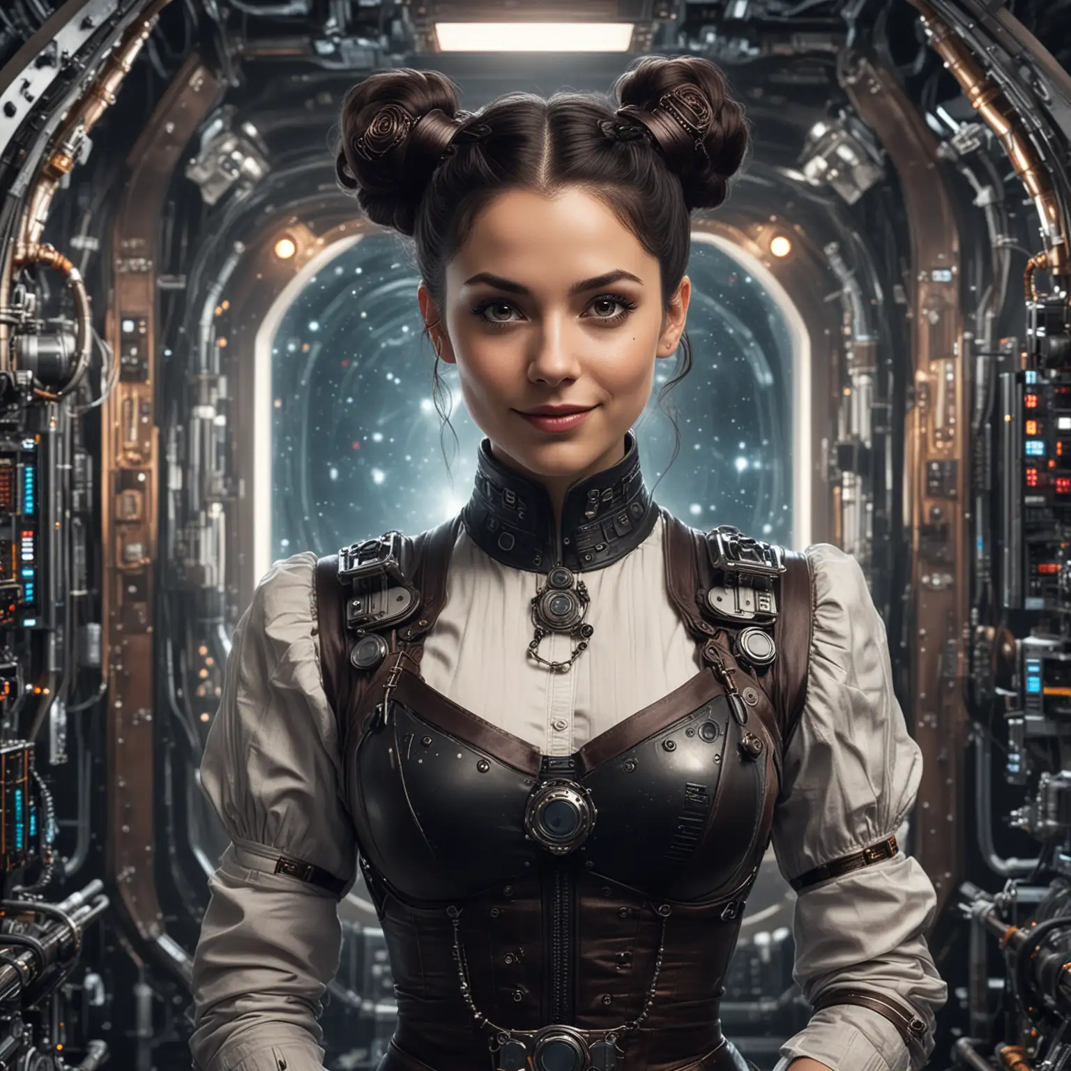 A 35 year old very futuristic steampunk Victorian lady, dark hair in space-buns, petite, English-rose face, upgraded in the far future, stood in front of a quantum computer . She has a wry smile and a confident look