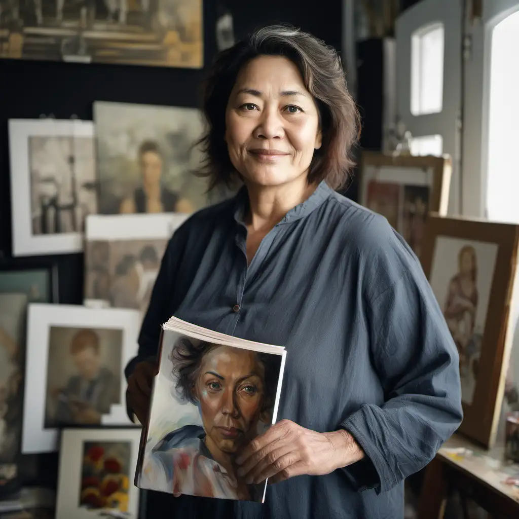 A woman who is a portrait painter. She is standing in her studio. She is holding a closed magazine that is A4 size. She has a slight smile. She is 45 years old.