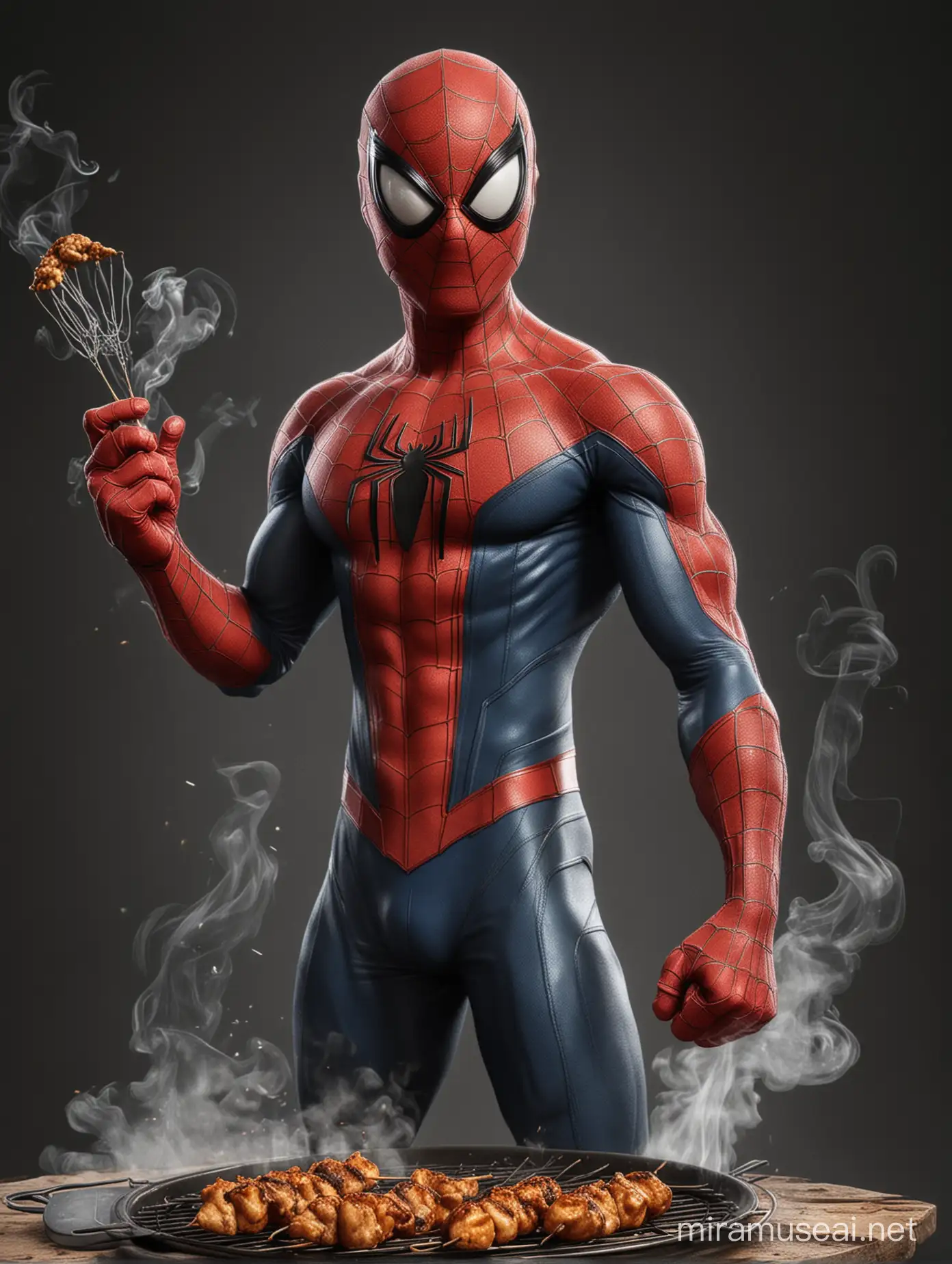 Create a realistic caricature picture of the superhero from Marvel "Spiderman" is seen a grill and spiderman grilling satay with a dramatic smoke effect and also spider webs in back but no background, by maintaining the character of Spiderman, using costume and spiderman mask look a like as the original, must in a caricature style (body caricature , such as body proportions, such as the head often made larger or odder).