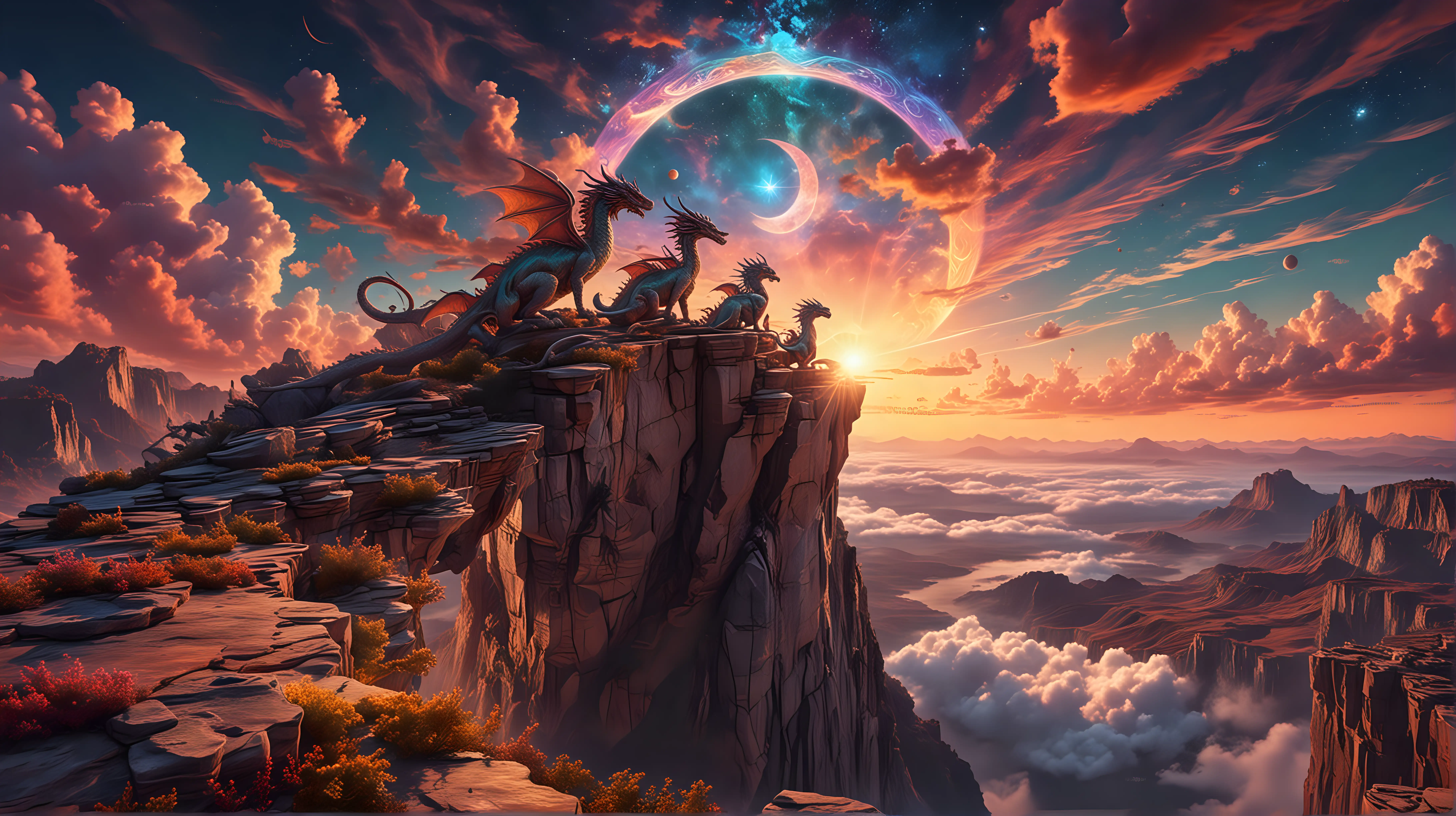 Psychedelic DMT visual on top of a scenic cliff on the edge of the universe at sunset with both the sun and moon visible. The clouds are shaped like dragons