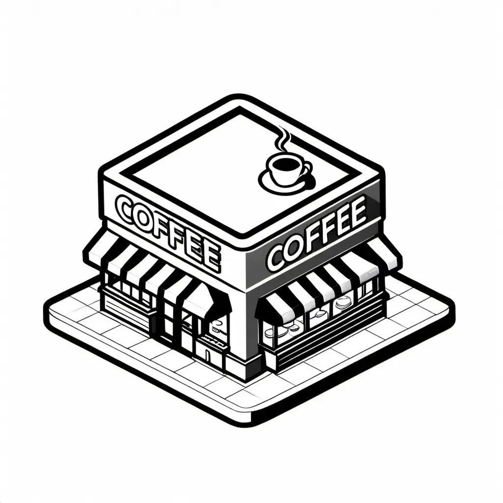 big wide,coffe shop icon image to be used in the application logo, big, isometric icon style, black outlines  ,black and white, for coloring page, white background, much detail