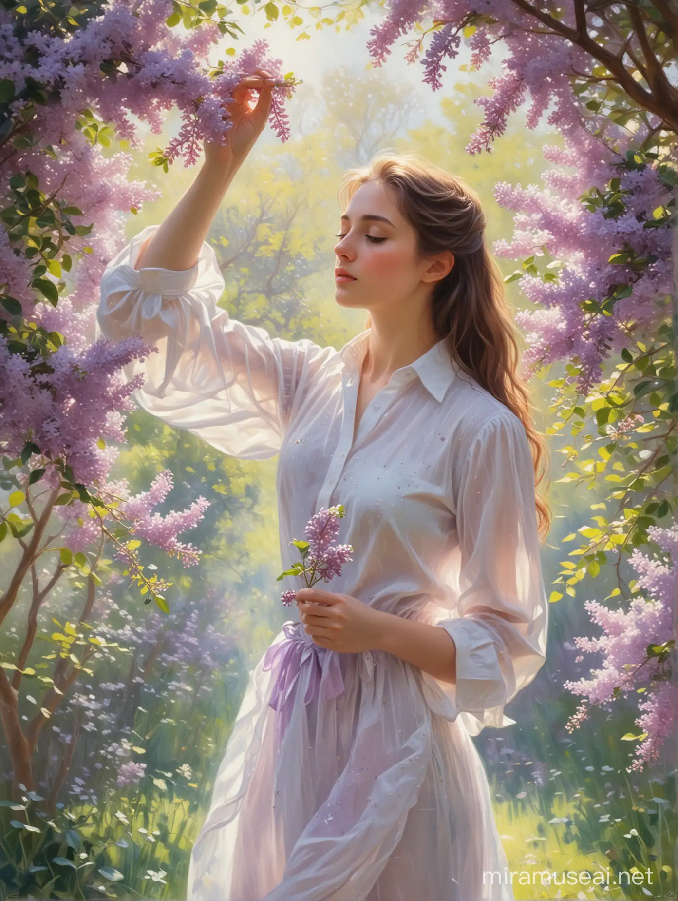 Painting of a young beautiful girl plucking lilac blossoms from a tree, in a flowing transparent white shirt, backlight, romantic look, impressionism, delicate brush strokes, soft light colour tones, claude monet style,