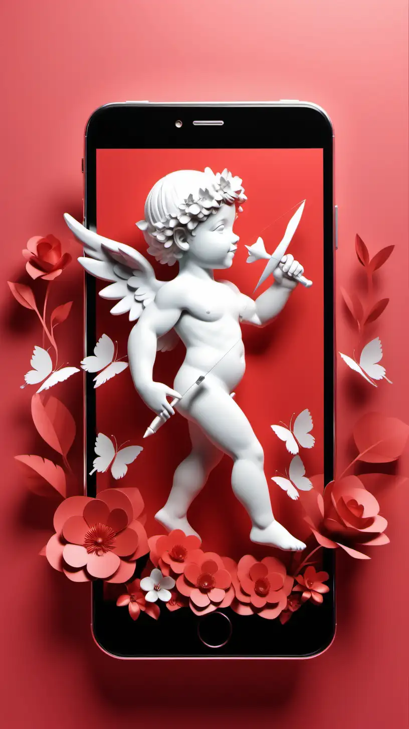 Elegant White Cupid Holding Flowered Cellphone