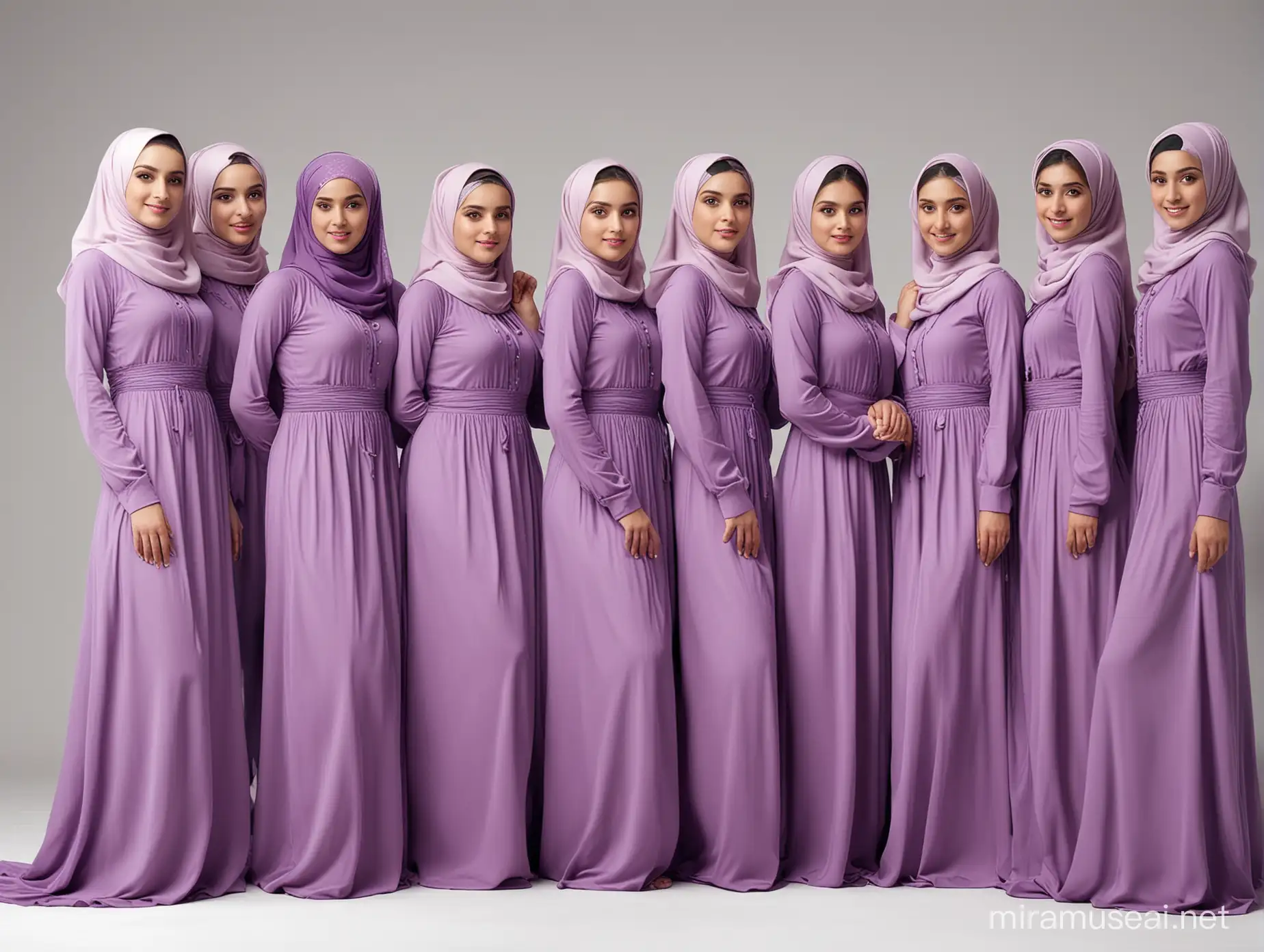 Tujuh gadis ber jilbab, cantik cantik, memakai gaun warna ungu , baiground layar studio putih, super realistis, wajah asli manusia
 full body.