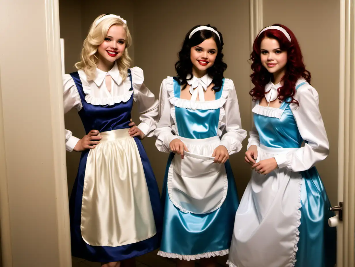 girls in long   crystal silk satin blue cream retro maid  gown with white apron and peter pan colar and long sleeves costume and milf mothers long blonde and red hair,black hair  rachel macadams and selena gomez smile clean bathroom