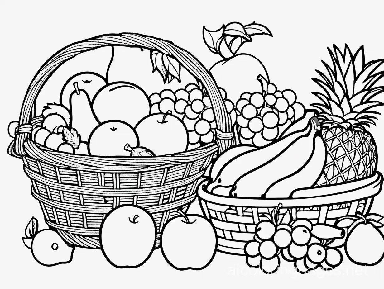 Fruits from the farm someone in baskets, Coloring Page, black and white, line art, white background, Simplicity, Ample White Space. The background of the coloring page is plain white to make it easy for young children to color within the lines. The outlines of all the subjects are easy to distinguish, making it simple for kids to color without too much difficulty