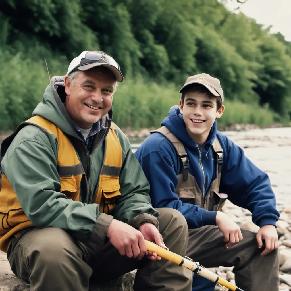 A father and 20 year old son, sitting on a bank of a river, dressed in fishing attire, smiling.