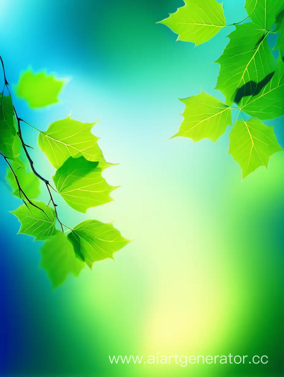 фон ярко голубой  с подсветкой взади и летящими листочками зелёными размытыми
