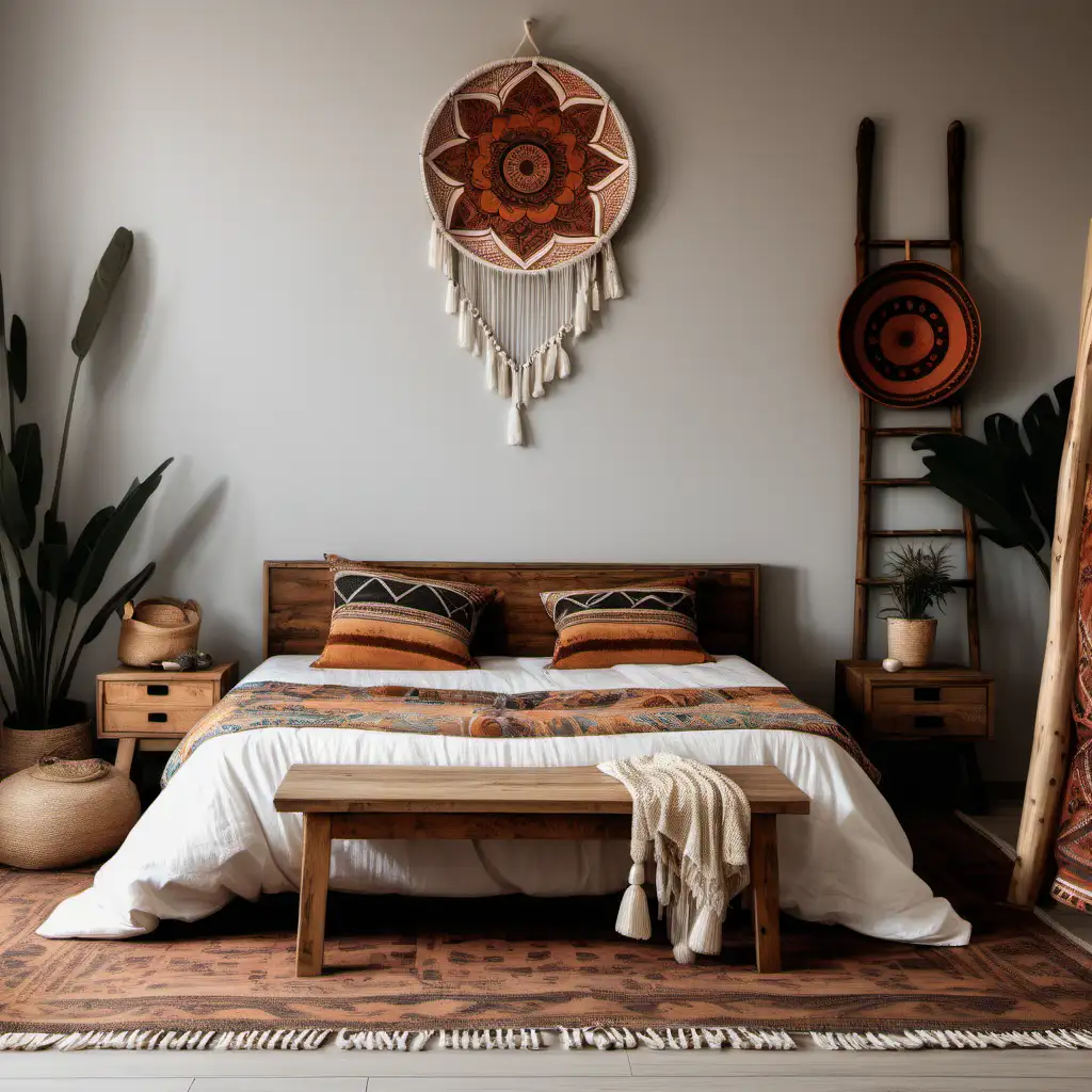 Bedroom in boho style with simple furniture