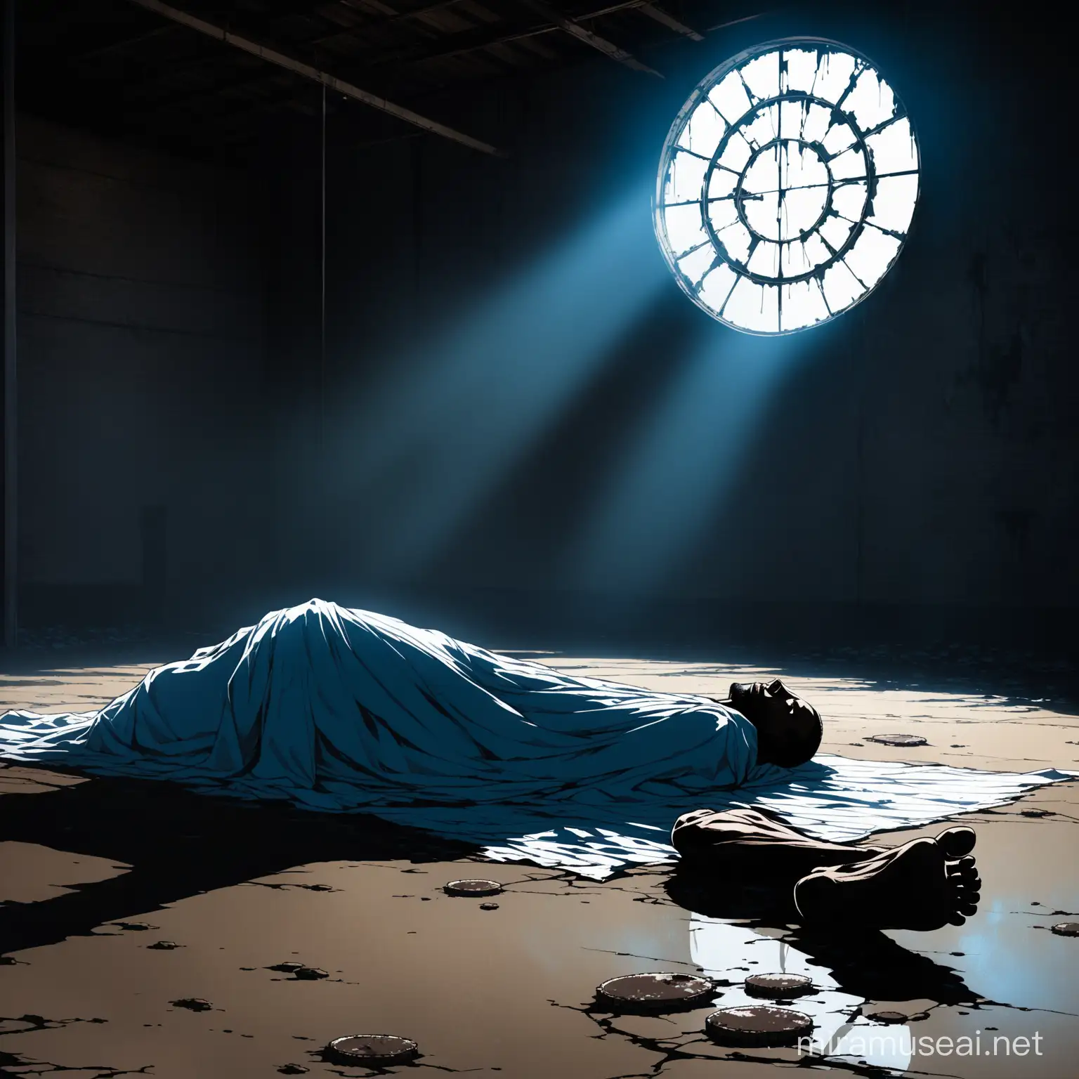 Abandoned Warehouse Scene with Deceased African American Man and Glowing Blue Circle