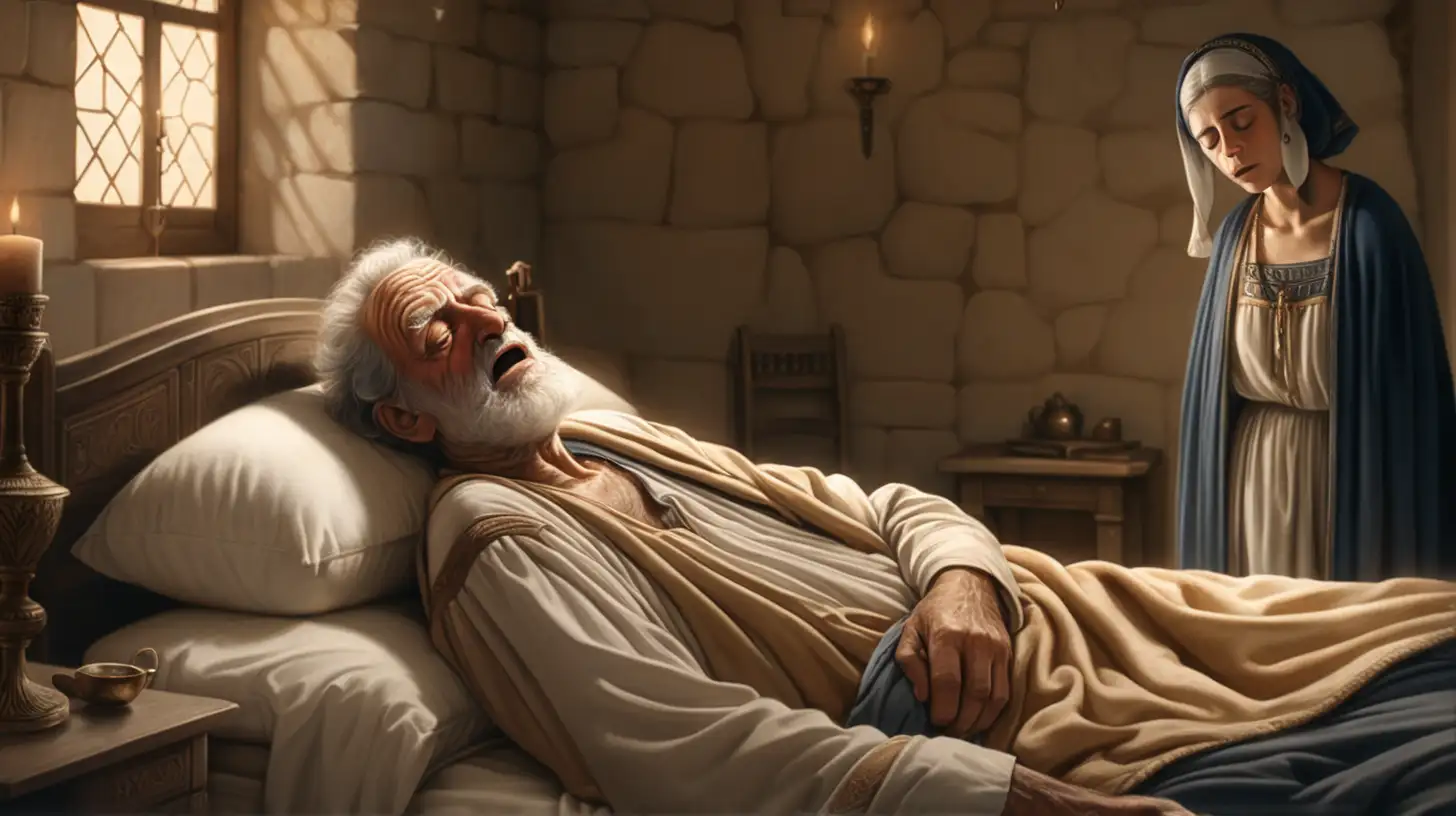 epoque biblique, un beau vieillard hébreu aux cheveux courts mort allongé sur un lit. Dans la pièce, une belle vieille femme hébreu en pleurs assise à côté du lit