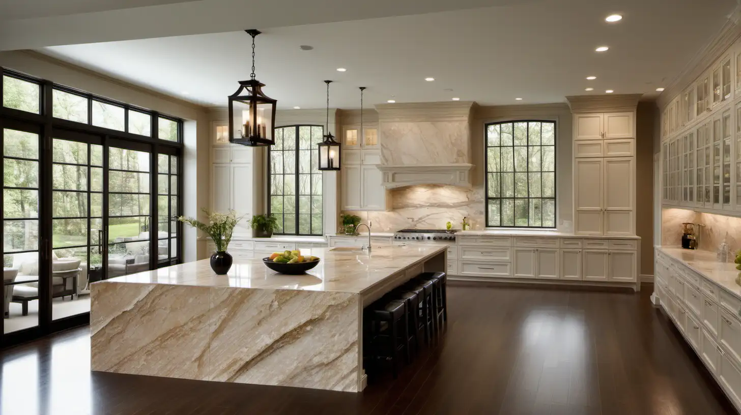 imagine a beautiful kitchen running along one wall of a long room with a large island made of beige quartzite and large windows along the opposite wall