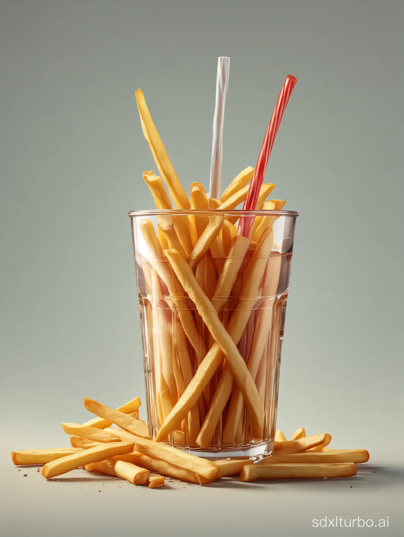 French fries, soda glass with straw, burger, realistic
