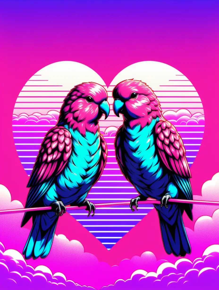 Romantic Lovebirds Creating a Heart in Vaporwave Style