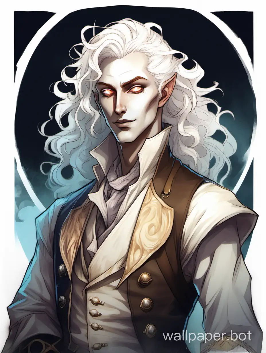 a D&D bard, dnd changeling, a changeling from dungeons and dragons, thin, slender, translucent ((pale white skin)), (wavy curly long white hair), ((glowing white eyes)), androgynous, flamboyant, nonbinary, pale body, lithe, pointed ears, almond shape eyes, flat chest, charismatic, (bard adventurer clothes), epic, portrait, poster, humanoid, character bust, wearing clothes, entertainer, performer, clean, baggy sleeves, waistcoat and longcoat, straight slightly hooked nose, digital art, classic, watercolor, proportionate, anatomical, painting, shapeshifter, haunting face, white skin, all white grey inhuman, colorless skin, hair half-up in a bun
