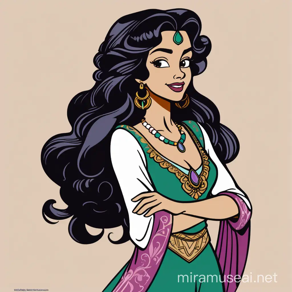 esmeralda from disney, bohemian, full shot, minimalist, vector art, colored illustration with a black outline